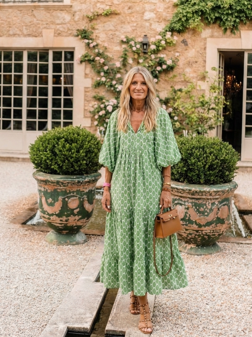Apolline™ | Vestido midi estampado de manga tres cuartos con escote en V