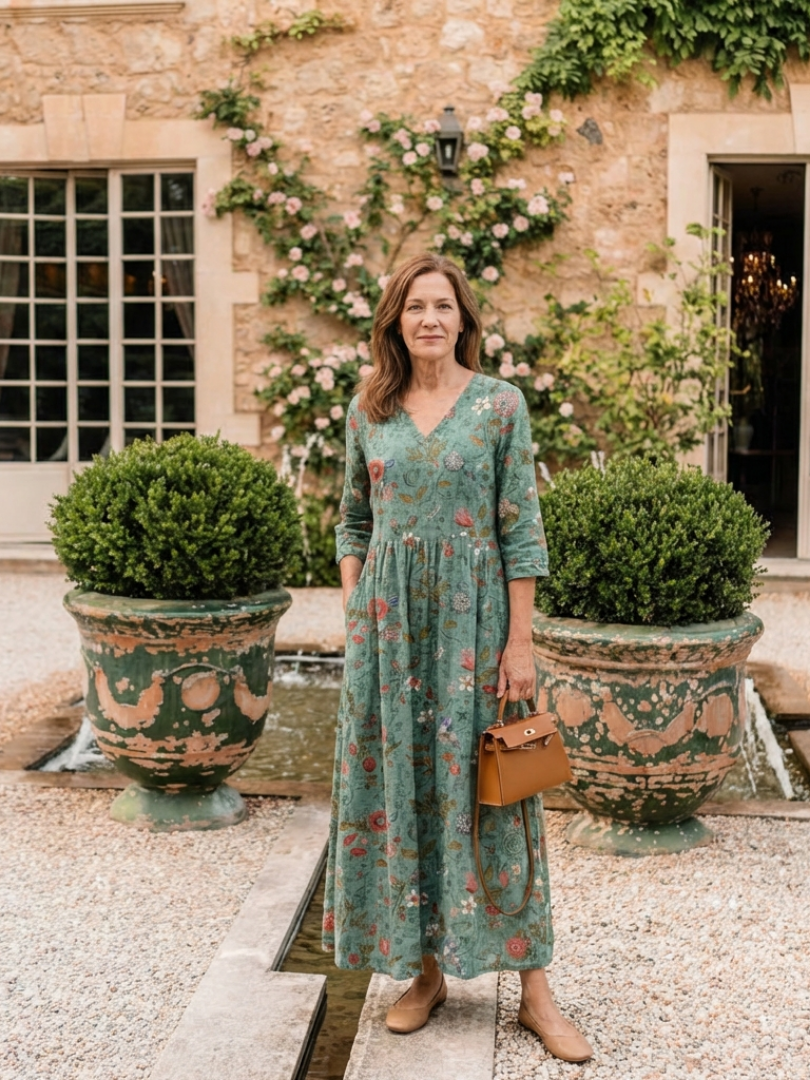 Marina™ | Vestido maxi floral con escote en V y mangas tres cuartos