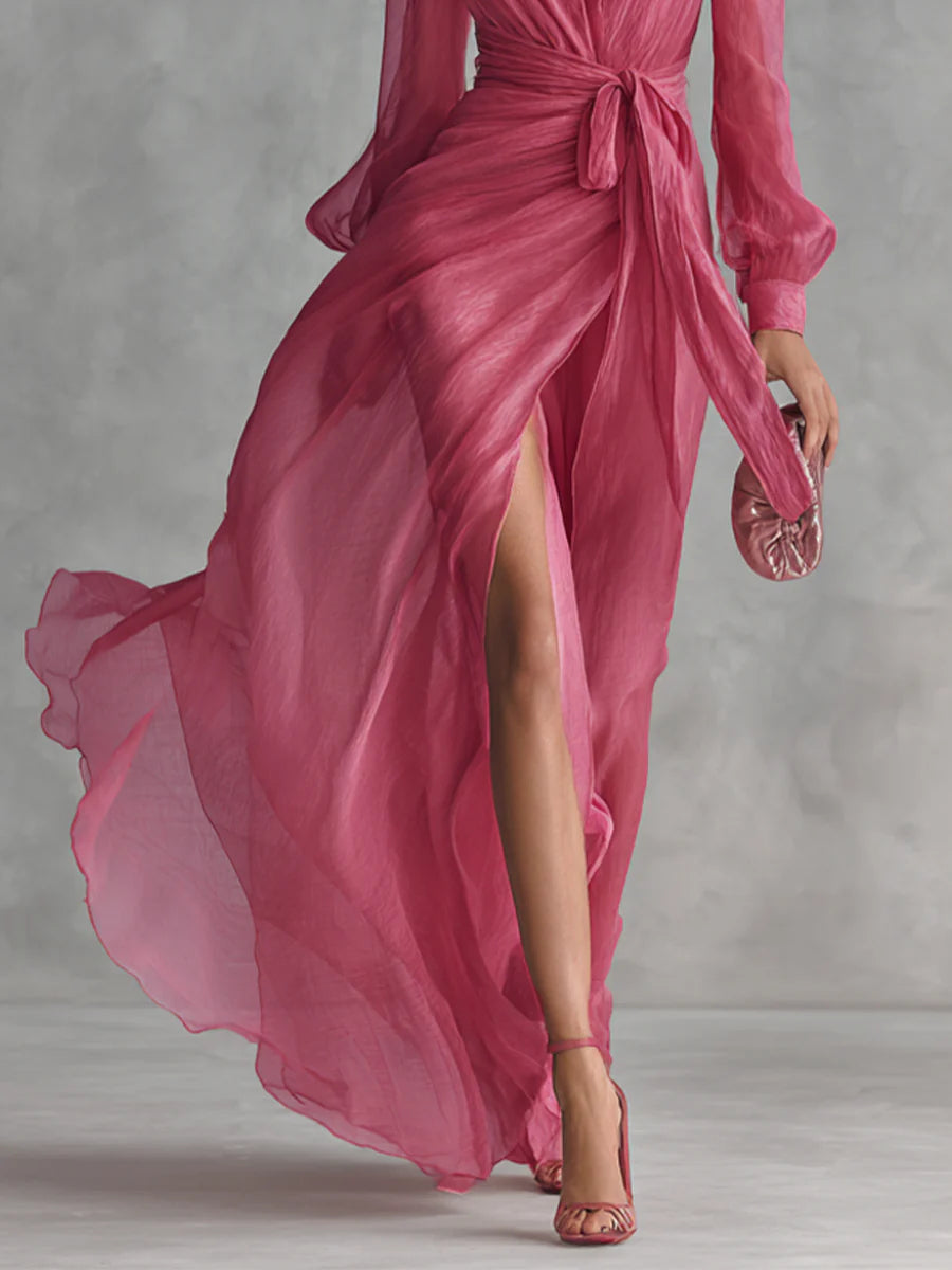 Beatrice™ | Elegante vestido largo de chiffon con escote en V y lazo en la cintura