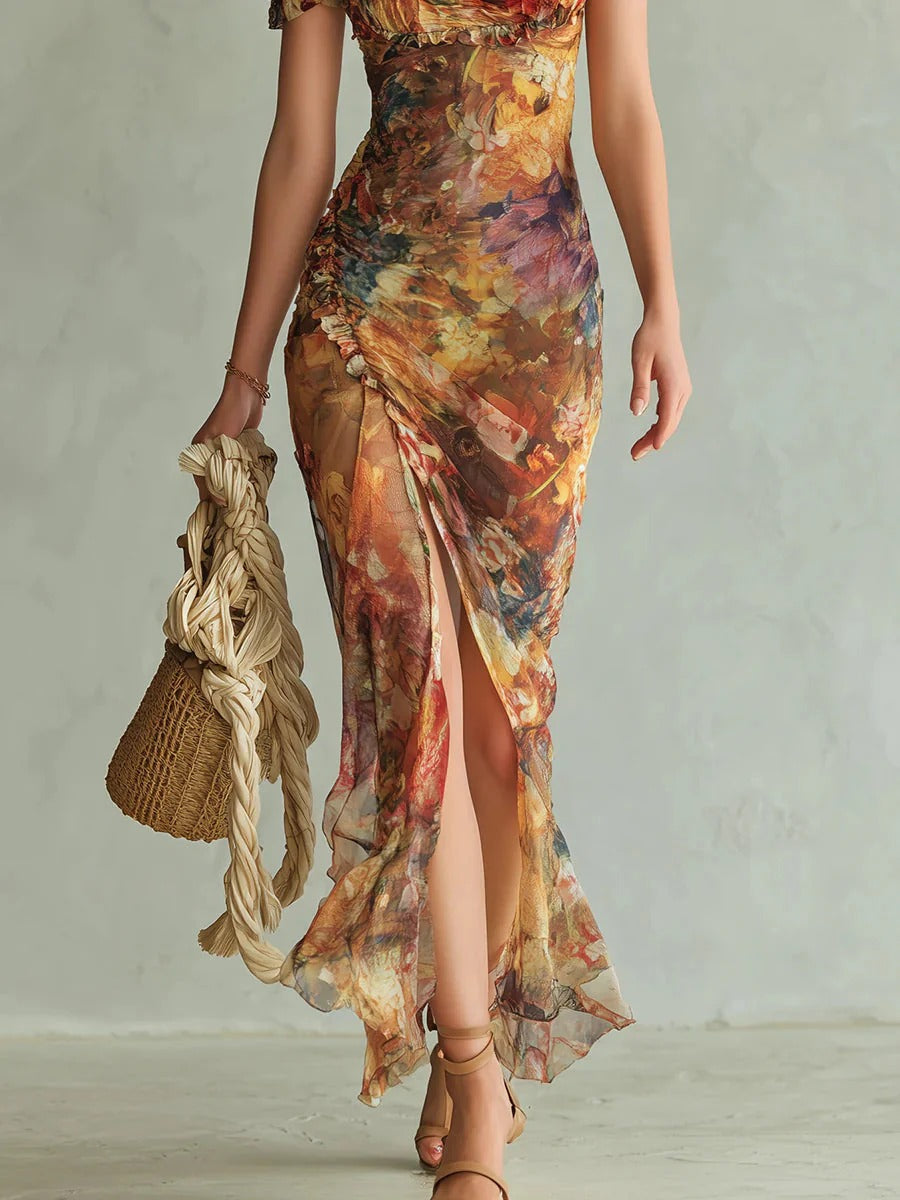 Marina | Vestido largo en chiffon naranja con estampado artístico estilo bohemio
