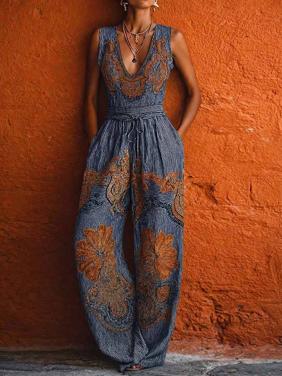 Marisa | Mono de pierna ancha de algodón y lino con rayas retro, sin mangas y cuello en V para mujer