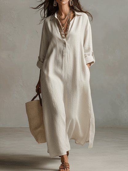 Vestido camisero maxi vintage ligero en crema natural