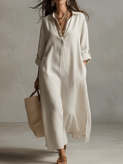 Vestido camisero maxi vintage ligero en crema natural