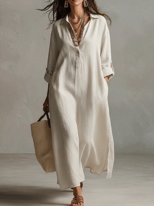 Vestido camisero maxi vintage ligero en crema natural