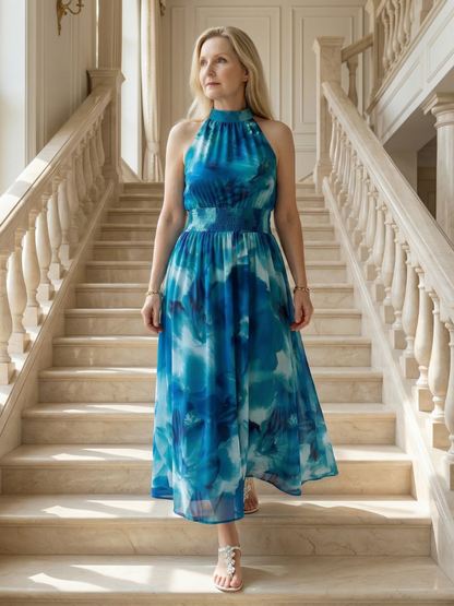 Sylin™ | Vestido midi fruncido con cuello halter
