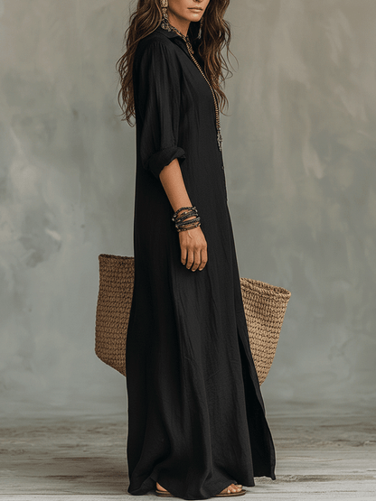 Vestido maxi bohemio negro con botones en la parte delantera