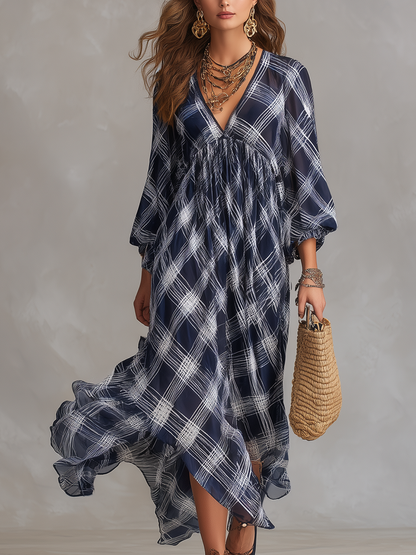 Vestido maxi fluido de estilo francés, azul marino a cuadros, de corte relajado