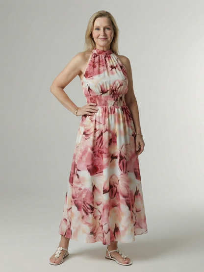 Sylin™ | Vestido midi fruncido con cuello halter