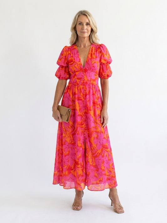 Willow™ | Vestido midi floral con escote en V y mangas abullonadas