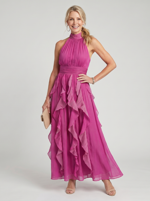 Orea™ | Vestido maxi de cuello alto con capas de volantes fruncidas