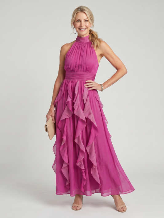 Orea™ | Vestido maxi de cuello alto con capas de volantes fruncidas