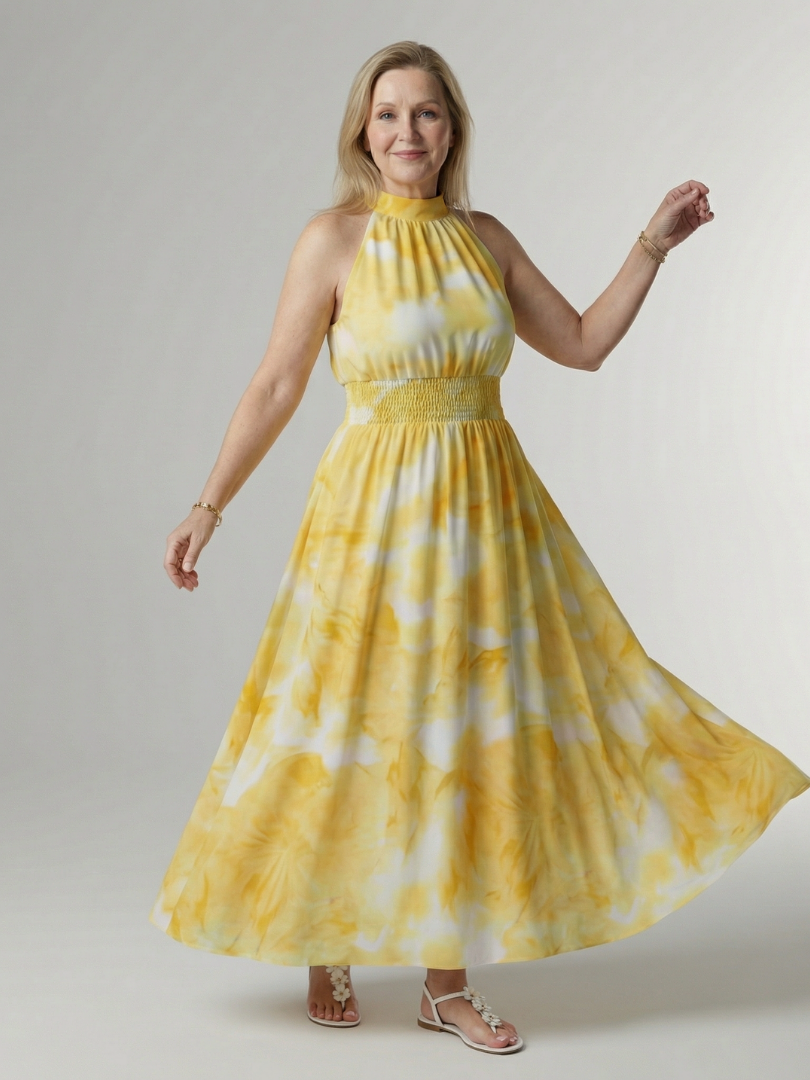 Sylin™ | Vestido midi fruncido con cuello halter
