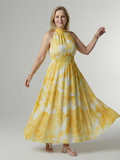 Sylin™ | Vestido midi fruncido con cuello halter