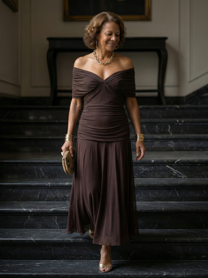 Calen™ | Vestidos midi fluidos de hombro descubierto