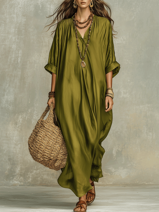 Vestido maxi bohemio verde oliva holgado