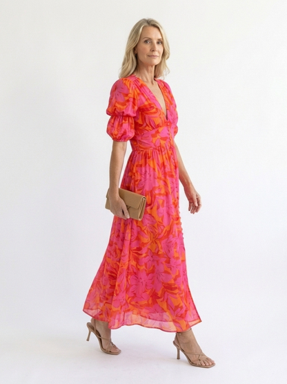 Willow™ | Vestido midi floral con escote en V y mangas abullonadas