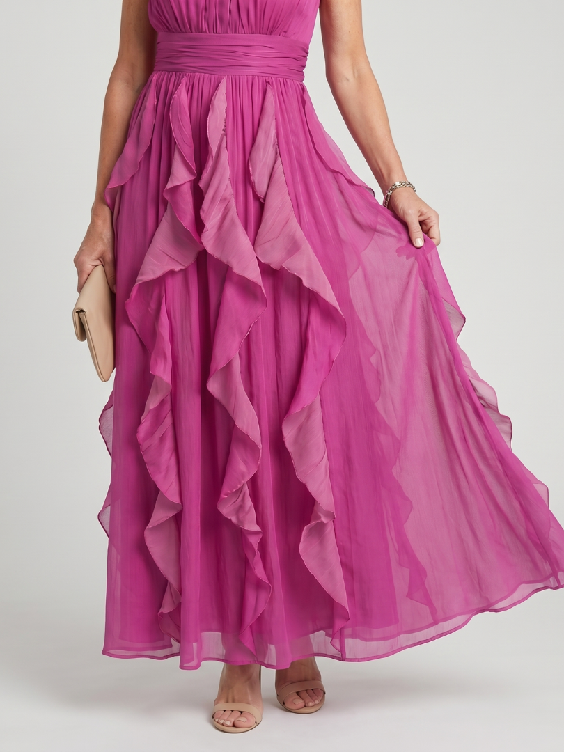 Orea™ | Vestido maxi de cuello alto con capas de volantes fruncidas