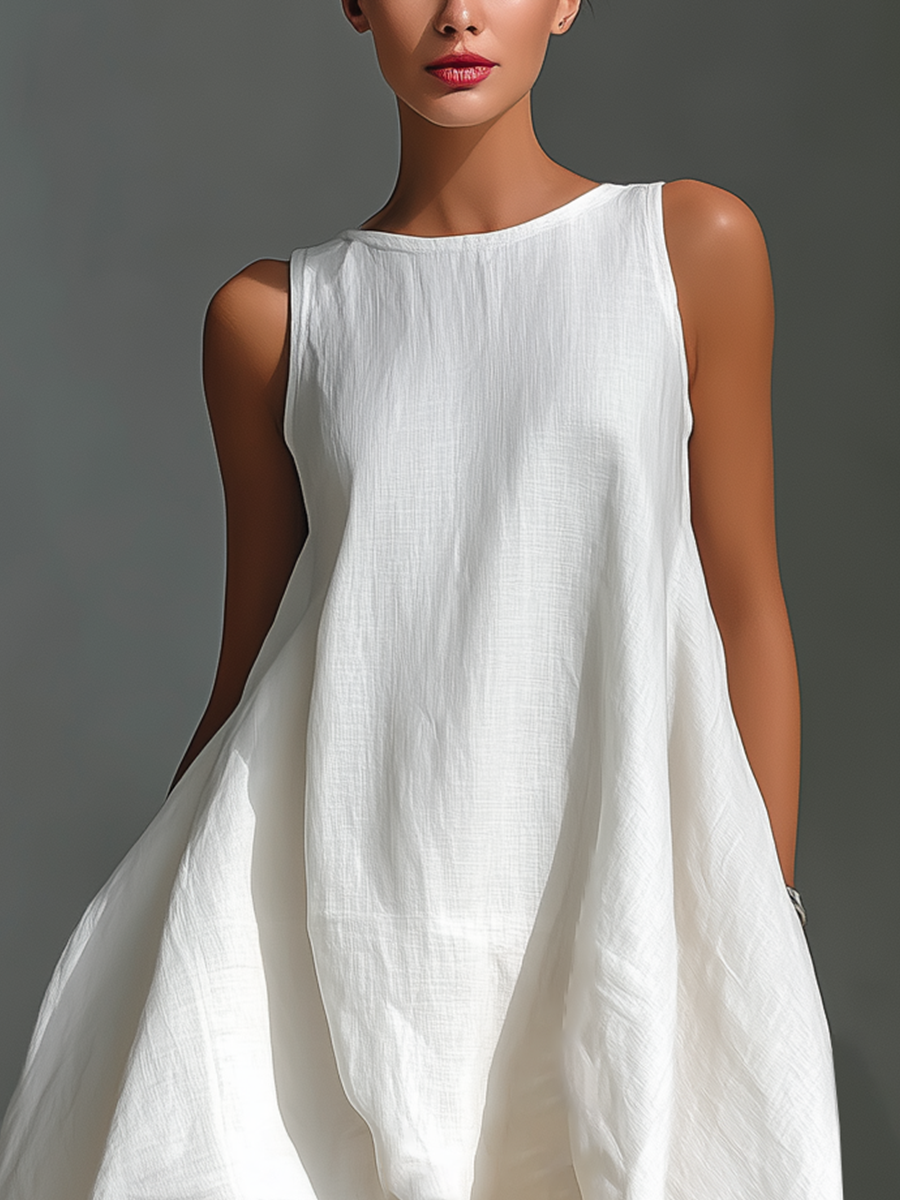 Elena | Vestido midi de lino blanco con corte asimétrico
