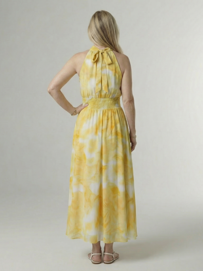 Sylin™ | Vestido midi fruncido con cuello halter