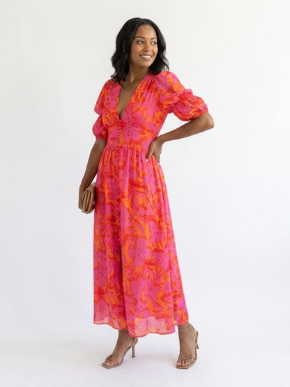 Willow™ | Vestido midi floral con escote en V y mangas abullonadas