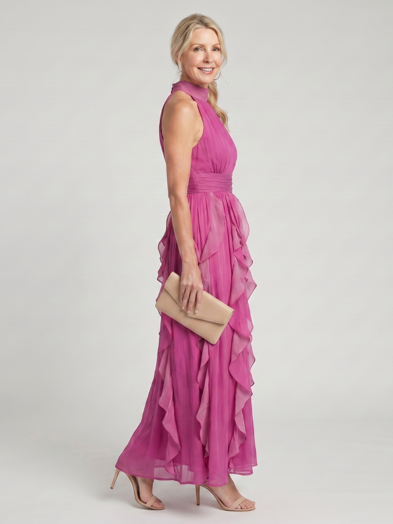 Orea™ | Vestido maxi de cuello alto con capas de volantes fruncidas