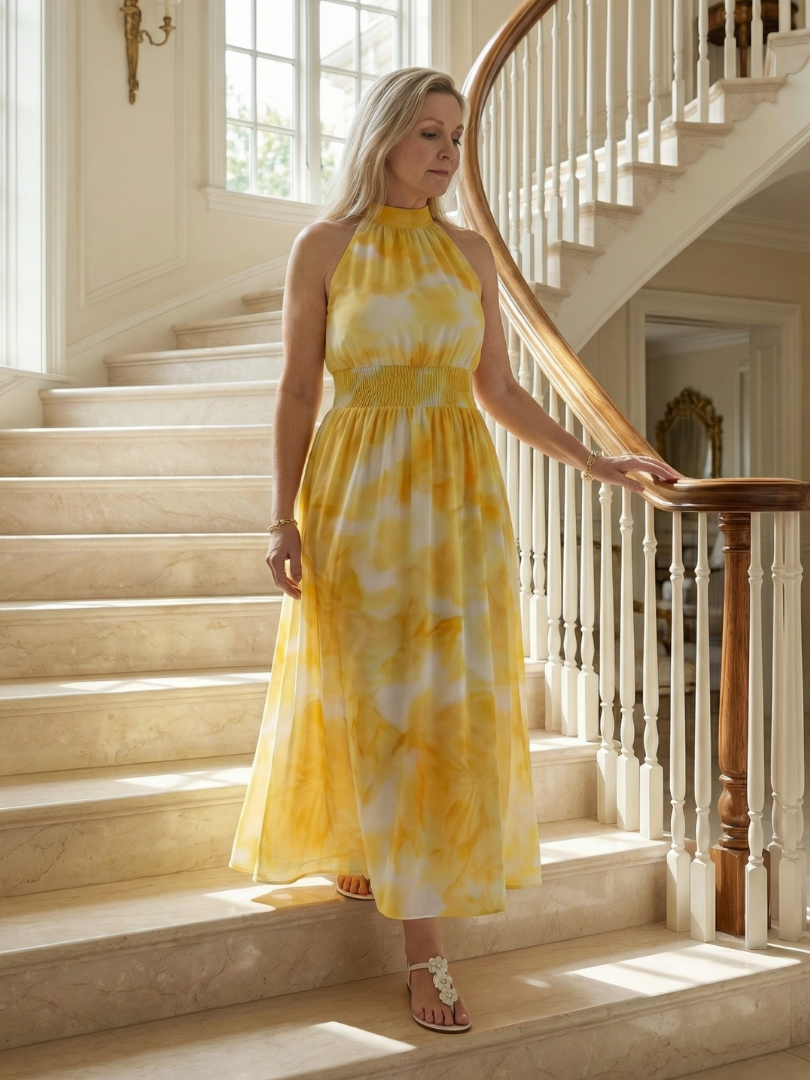 Sylin™ | Vestido midi fruncido con cuello halter