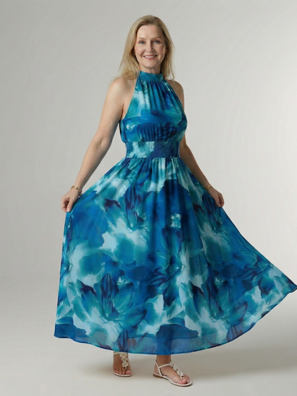 Sylin™ | Vestido midi fruncido con cuello halter