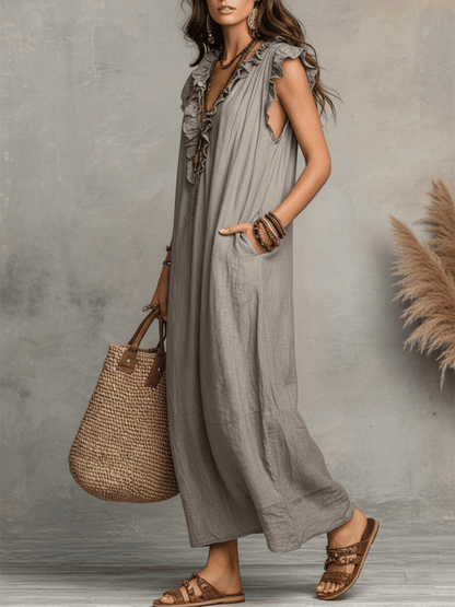 Vestido maxi bohemio sin mangas con escote en V y caída fluida