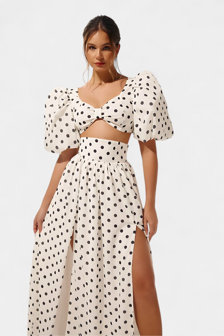 Sherine Conjunto de Falda con Mangas Abullonadas de Lunares