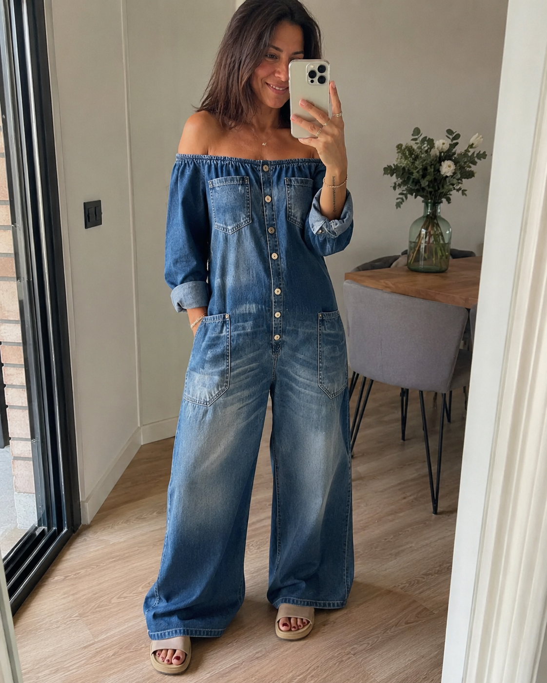 Noa™ | Mono de denim con escote de hombro descubierto