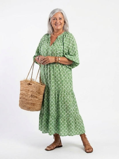 Apolline™ | Vestido midi estampado de manga tres cuartos con escote en V