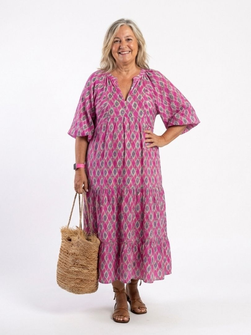 Apolline™ | Vestido midi estampado de manga tres cuartos con escote en V