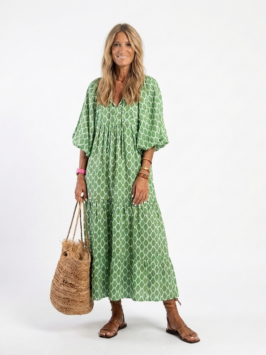 Apolline™ | Vestido midi estampado de manga tres cuartos con escote en V