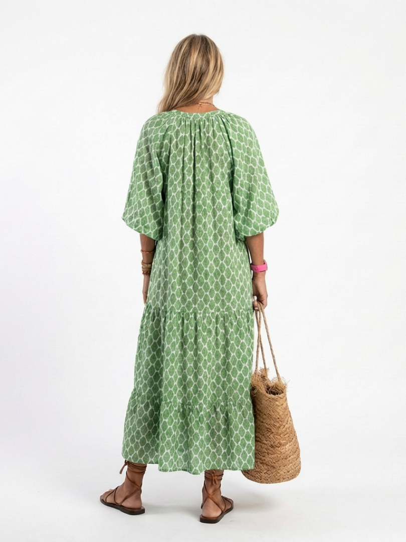 Apolline™ | Vestido midi estampado de manga tres cuartos con escote en V