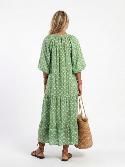 Apolline™ | Vestido midi estampado de manga tres cuartos con escote en V