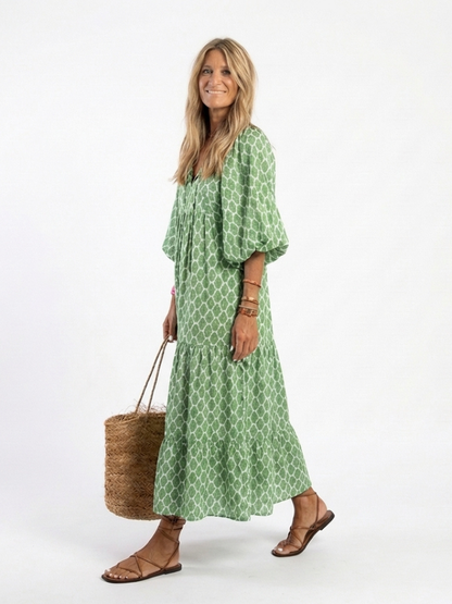 Apolline™ | Vestido midi estampado de manga tres cuartos con escote en V