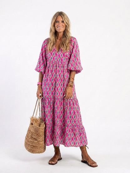 Apolline™ | Vestido midi estampado de manga tres cuartos con escote en V