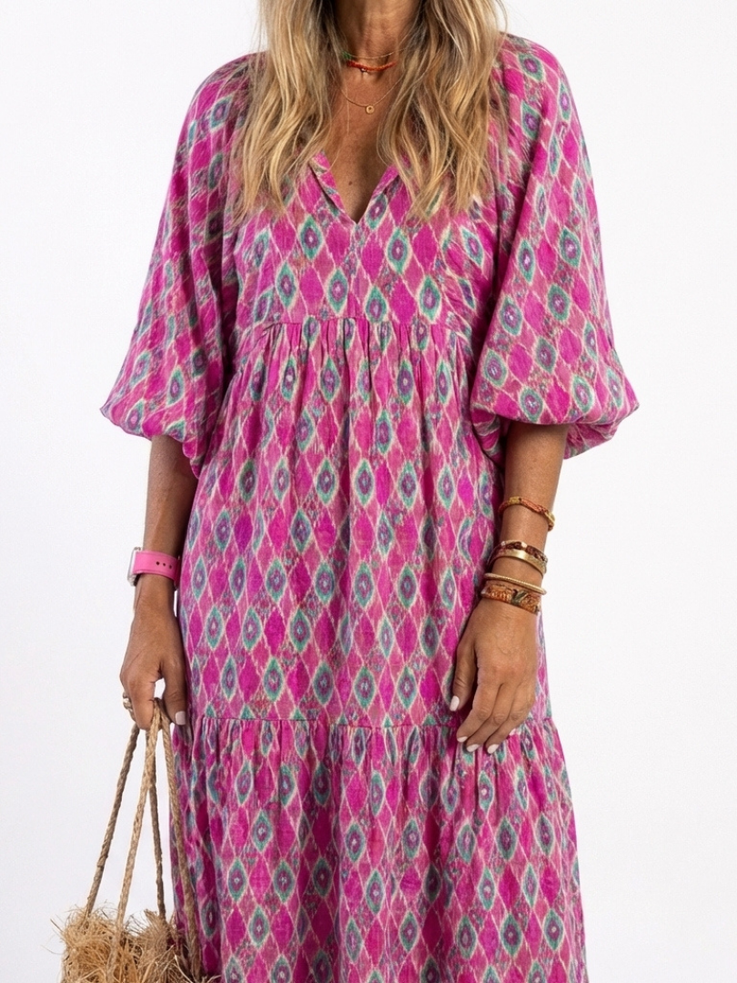 Apolline™ | Vestido midi estampado de manga tres cuartos con escote en V