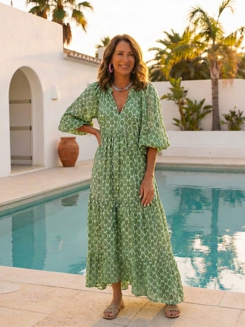 Apolline™ | Vestido midi estampado de manga tres cuartos con escote en V