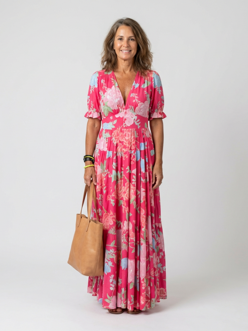 Ione™ | Vestido midi de manga corta con escote en V y estampado floral