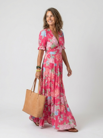Ione™ | Vestido midi de manga corta con escote en V y estampado floral