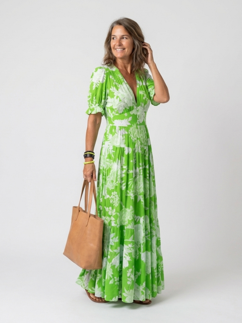 Ione™ | Vestido midi de manga corta con escote en V y estampado floral