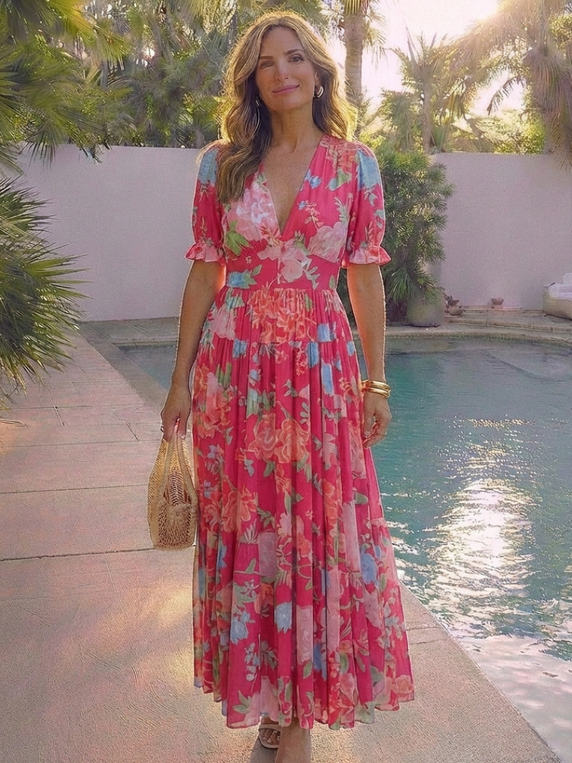 Ione™ | Vestido midi de manga corta con escote en V y estampado floral