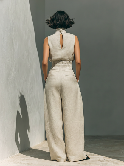 Inés | Conjunto minimalista de lino con top sin mangas y pantalón amplio