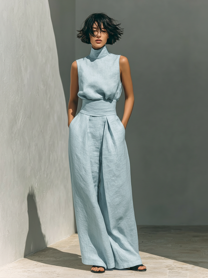 Inés | Conjunto minimalista de lino con top sin mangas y pantalón amplio