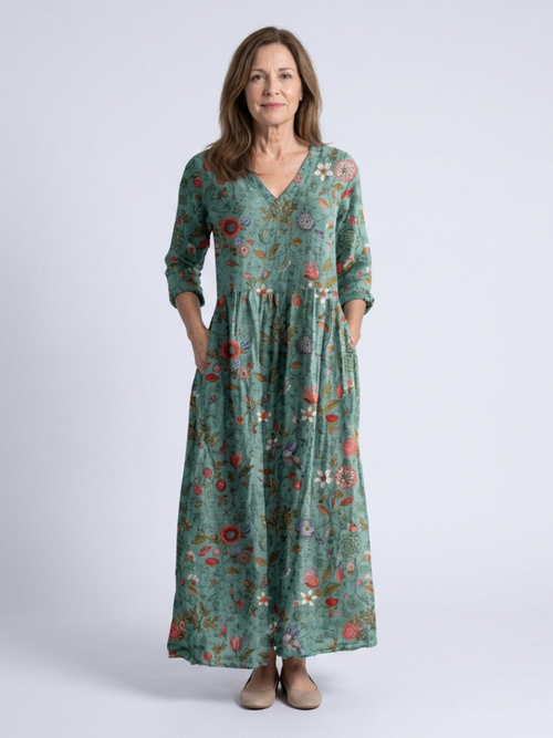 Marina™ | Vestido maxi floral con escote en V y mangas tres cuartos