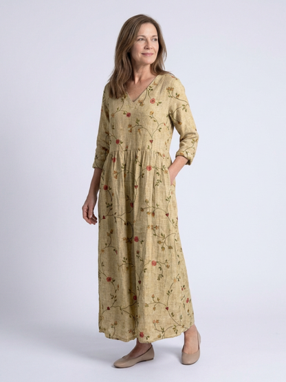 Marina™ | Vestido maxi floral con escote en V y mangas tres cuartos
