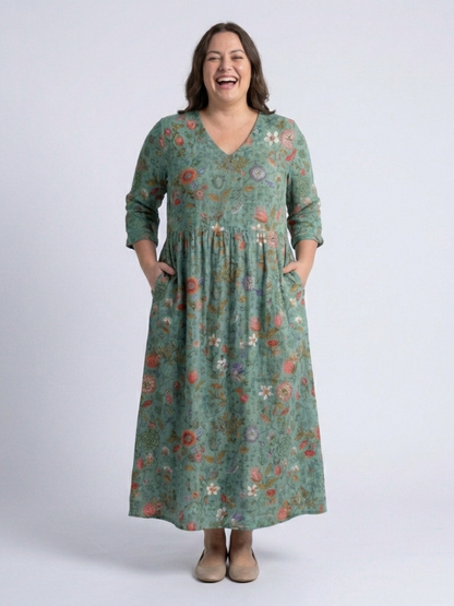 Marina™ | Vestido maxi floral con escote en V y mangas tres cuartos