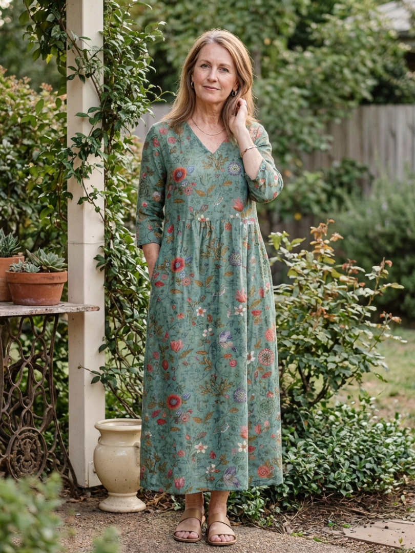 Marina™ | Vestido maxi floral con escote en V y mangas tres cuartos
