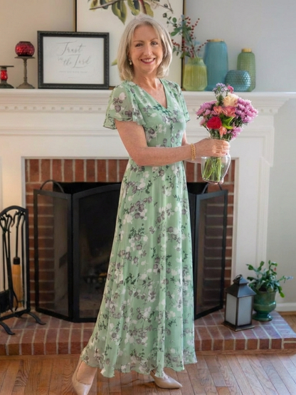Ismeria™ | Vestido maxi de chifón con estampado floral